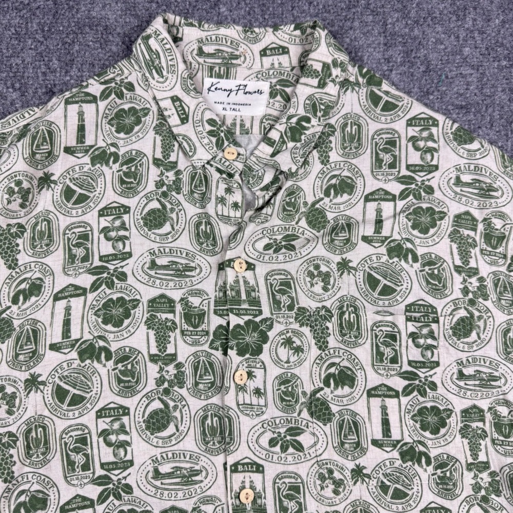Kenny Flowers Button Down Shirt Men XL Tall Green Linen Passport Stamp Print